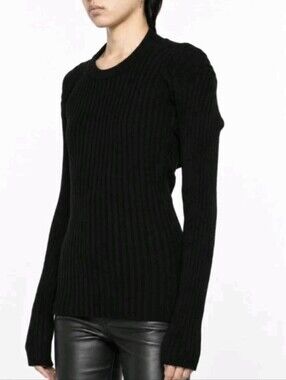 Alainpaul 100% Wool Sweater Black Double-Collar Bascule Ribbed Knit Sz M